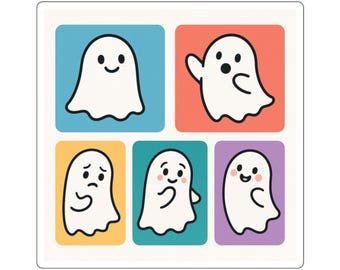Cute Ghost Faces Square Stickers | Colorful Halloween Sticker Sheet