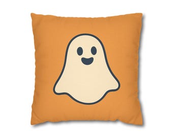 Cute Excited Ghost Spun Polyester Pillowcase | Orange Halloween Decor