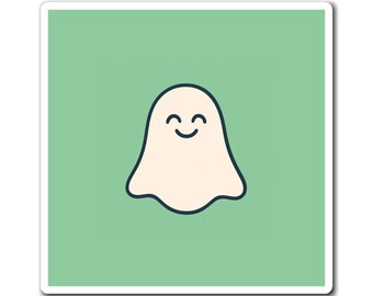 Smiling Ghost Magnet | Square Refrigerator Magnet, Cute Kawaii Ghost Sticker Art