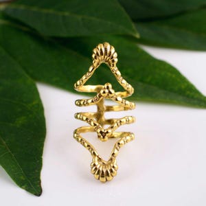May include: A gold-colored finger ring with an intricate design. The ring features a series of connected bands and decorative elements, including a triangular shape at the top and a floral-like design at the base. The ring is set against a white background with green leaves.