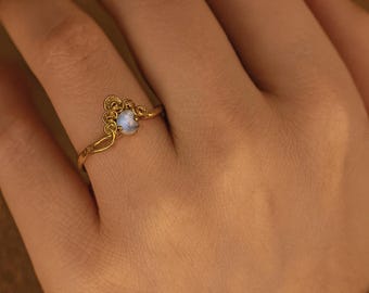 Vintage Botanical Gold Ring, Moonstone Crystal Ring, Nature Inspired Gold Plated Ring, Boho Fairycore Ring, Adjustable Dainty Ring