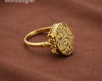 Viktorianischer Stil Poison Ring - Gold Oval Medaillon Ring mit verstecktem Fach - Antik inspiriert Statement Schmuck
