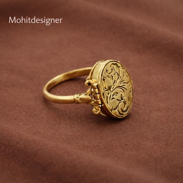 Victorian Style Poison Ring – Gold Oval Locket Ring with Hidden Compartment – Antique Inspired Statement Jewelry