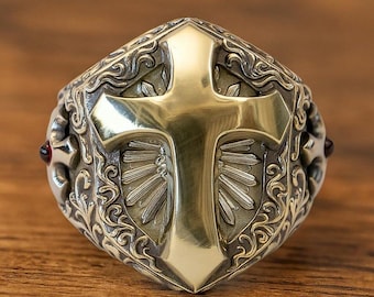 Gold Cross Ring for Men | Vintage Christian Ring | Gothic Religious Jewelry | Bold Cross Signet Ring | Faith Gift for Him | Medieval Style