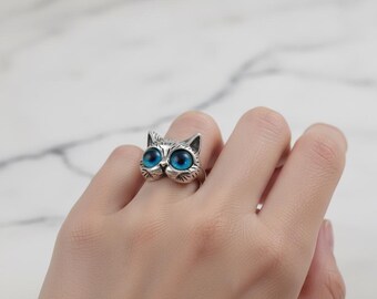 Cat Face Ring, Cute Cat Lover Jewelry, Blue Eye Cat Ring, Adjustable Animal Ring, Silver Cat Ring, Kawaii Cat Jewelry, Gift for Cat Lovers