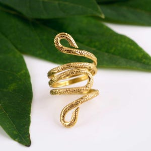 May include: A gold-coloured ring shaped like a snake, coiled around itself. The ring features detailed scale patterns and is set against a white background with green leaves.