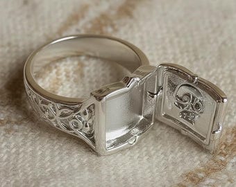 Sterling Silver Poison Ring • Hidden Compartment Locket Ring • Skull Secret Box Ring • Gothic Vintage Adjustable Ring