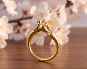 Gold Hand Haltering • Künstlerischer Herz Hände Ring • Einzigartiges Paar Geschenk • Romantischer Gold Versprechen Ring • Handgemachter symbolischer Schmuck
