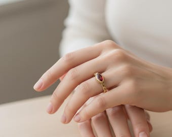 Vintage Red Stone Ring, Gold Boho Ring for Women, Dainty Antique Style Ring, Minimalist Gold Band, Red Gem Jewelry, Gift for Her