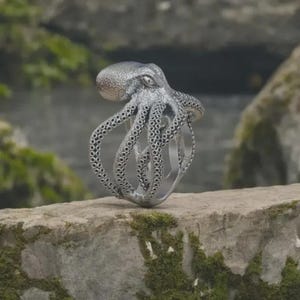 May include: A silver-colored ring in the shape of an octopus. The ring features detailed tentacles and a textured head. The ring is displayed on a stone surface with a blurred natural background.
