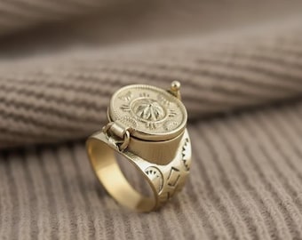 Anillo vintage de caja de veneno de oro / Anillo con compartimento secreto / Anillo con medallón victoriano / Anillo con estilo antiguo / Regalo de joyería gótica