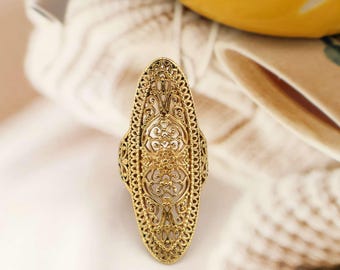 Gold Filigree Cocktail Ring: Long Victorian Style Openwork Brass Statement Ring