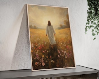 Jesus Caminhando Entre Flores Silvestres - Tela com Moldura de Madeira | Arte de Parede Cristã Estética, Decoração de Fé Luminosa, Presente para Casa de Campo