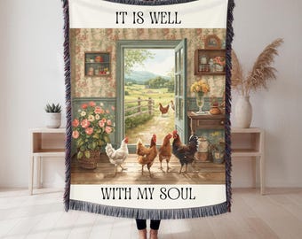 Cozy Cottage Window Scene Woven Blanket | Home Decor, Country Floral Throw | It is well with my soul | Farmhouse Decor | Chickens