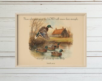 Pôster com Patos Reais e Versículos Bíblicos | Arte de Parede | Decoração Vintage para Casa de Campo