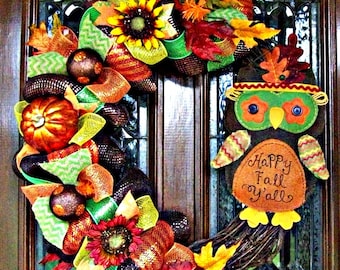 Happy Fall Yall Owl Thanksgiving Wreath and Fall Wreath