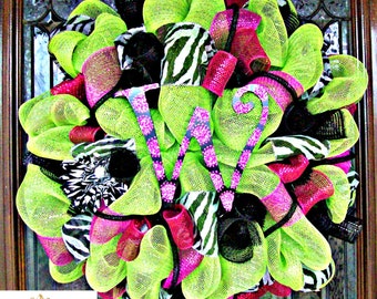 Zebra Summer Wreath, Monogram wreath, Lime Zebra Wreath, Bright Summer wreath, Summer wreath for front door, Summer wreath, Lilmaddy Wreath