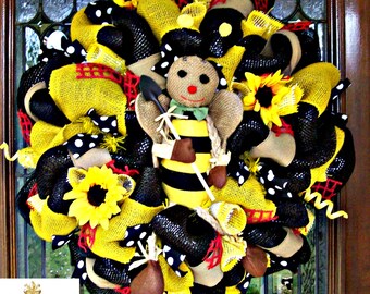 Summer Bumble Bee, Black and Yellow, Honey Bee Wreath, Summer Wreath, Summer Swag, Door Decor, Everyday Wreath