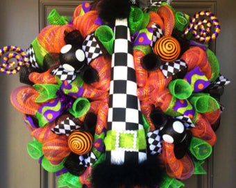 Halloween Wreath, Halloween Door Decor, Harlquin Witch Wreath