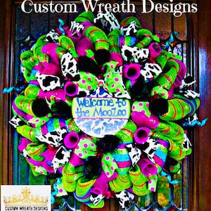 Colorful Custom Cow Print Wreath with Custom Sign, wreath, summer wreath, deco mesh wreath, everyday wreath, front door wreaths, cow print image 1