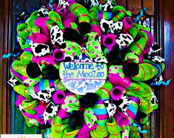 Colorful Custom Cow Print Wreath with Custom Sign, wreath, summer wreath, deco mesh wreath, everyday wreath, front door wreaths, cow print