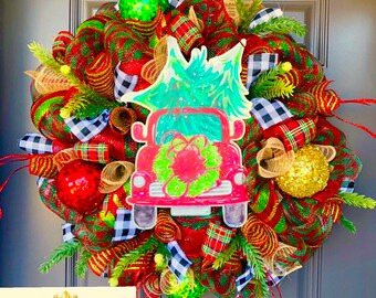 Holiday Wreath - Christmas Wreath - Red Truck Wreath - Front Door Wreath - Buffalo Plaid WReath - Farmhouse Wreath - Wreath for Door