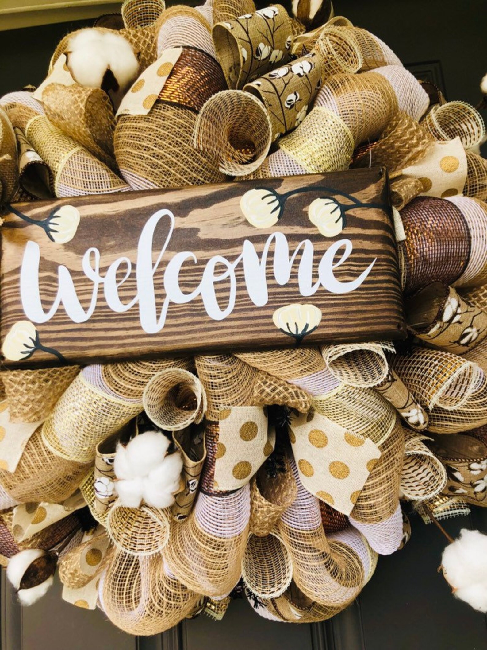 Cotten Ball Welcome Wreath, Summer Wreath, Fall Wreath, Natural Burlap ...