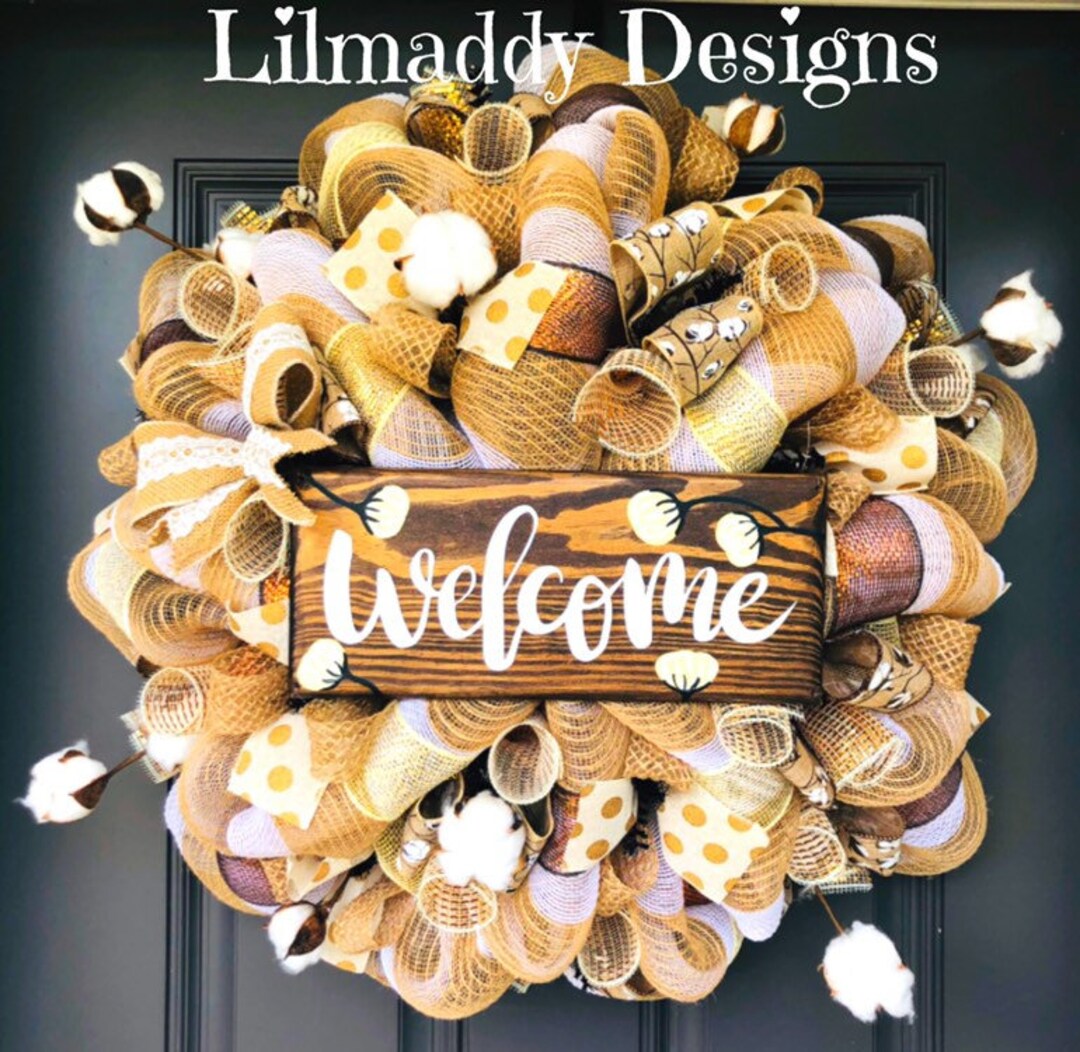 Cotten Ball Welcome Wreath, Summer Wreath, Fall Wreath, Natural Burlap ...