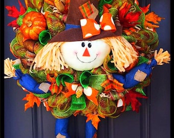 Front Door Decor | Halloween Front Door Wreath | Scarecrow Door Hanger | Pumpkin | Fall Wreath | Door Wreath | Housewarming Gift