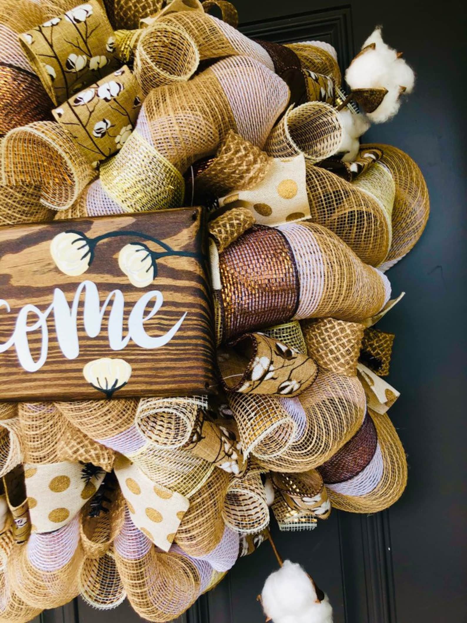 Cotten Ball Welcome Wreath, Summer Wreath, Fall Wreath, Natural Burlap ...