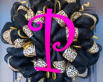 Hot Pink and Leopard Wreath, Summer Wreath, Monogram Wreath, Personalized Wreath, custom wreath, initial wreath, lilmaddy wreath