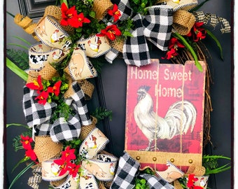 Spring-Summer Farmhouse Rooster Grapevine Wreath - Home Sweet Home