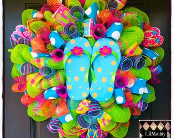 Summer Wreath, Summer Decor, flip flop wreath, flip flop decor, wreath, colorful wreath, bright wreath, summer decor, wreaths