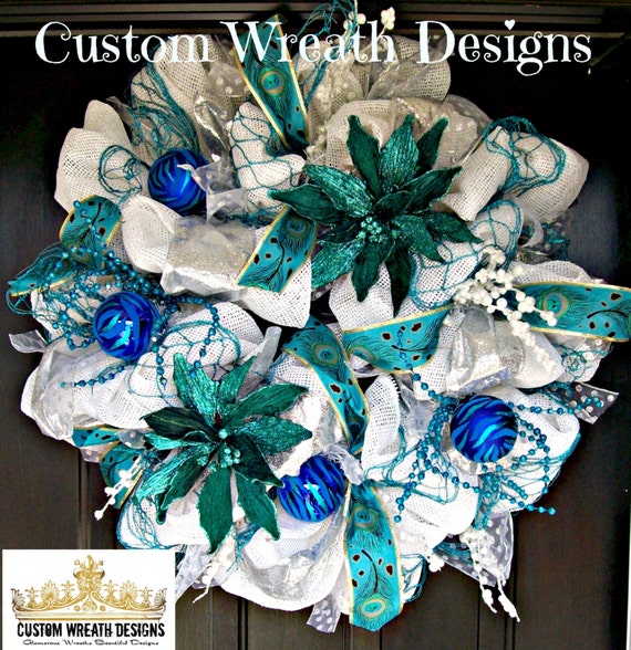 Items similar to READY TO SHIP Turquoise and White Christmas Wreath on Etsy
