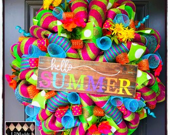 Summer Wreath, Summer Decor, Hello wreath, Hello decor, wreath, rainbow wreath, bright wreath, summer decor, wreaths