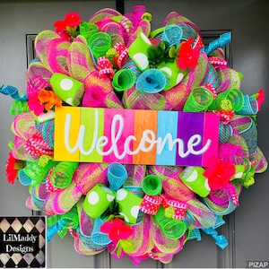 Colorful Stripe Welcome Wreath, Summer Wreath, bright vibrant wreath, Spring wreath, lilmaddydesigns, Summer decorating