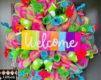 Colorful Stripe Welcome Wreath, Summer Wreath, bright vibrant wreath, Spring wreath, lilmaddydesigns, Summer decorating