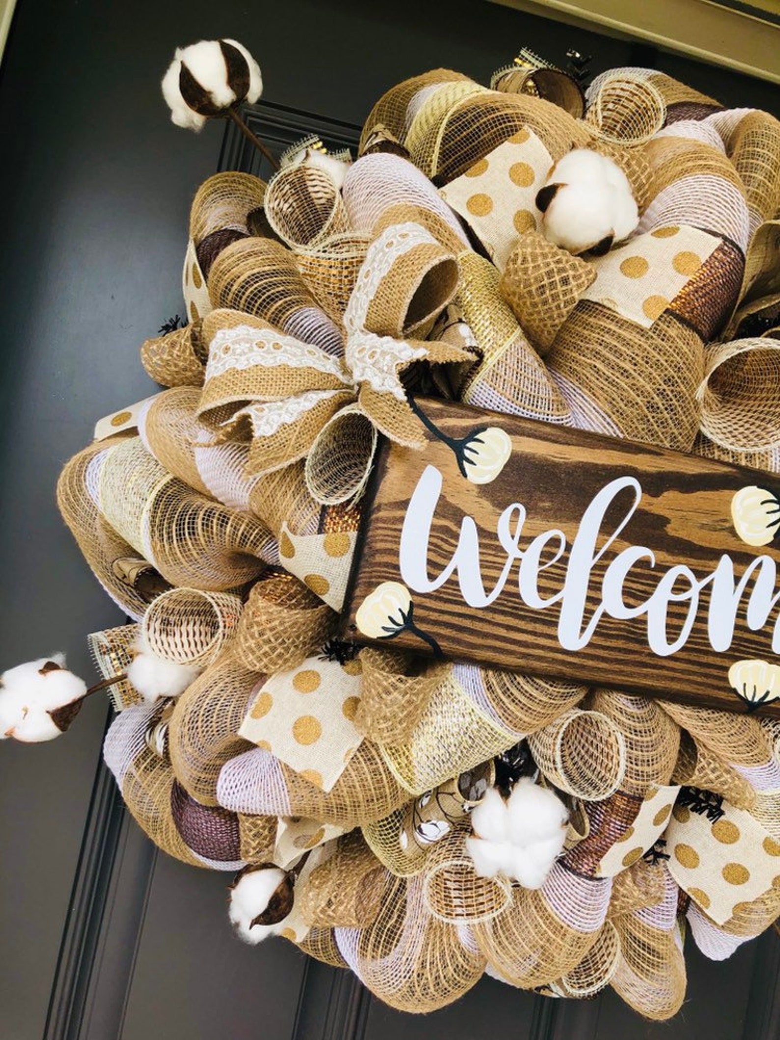 Cotten Ball Welcome Wreath, Summer Wreath, Fall Wreath, Natural Burlap ...