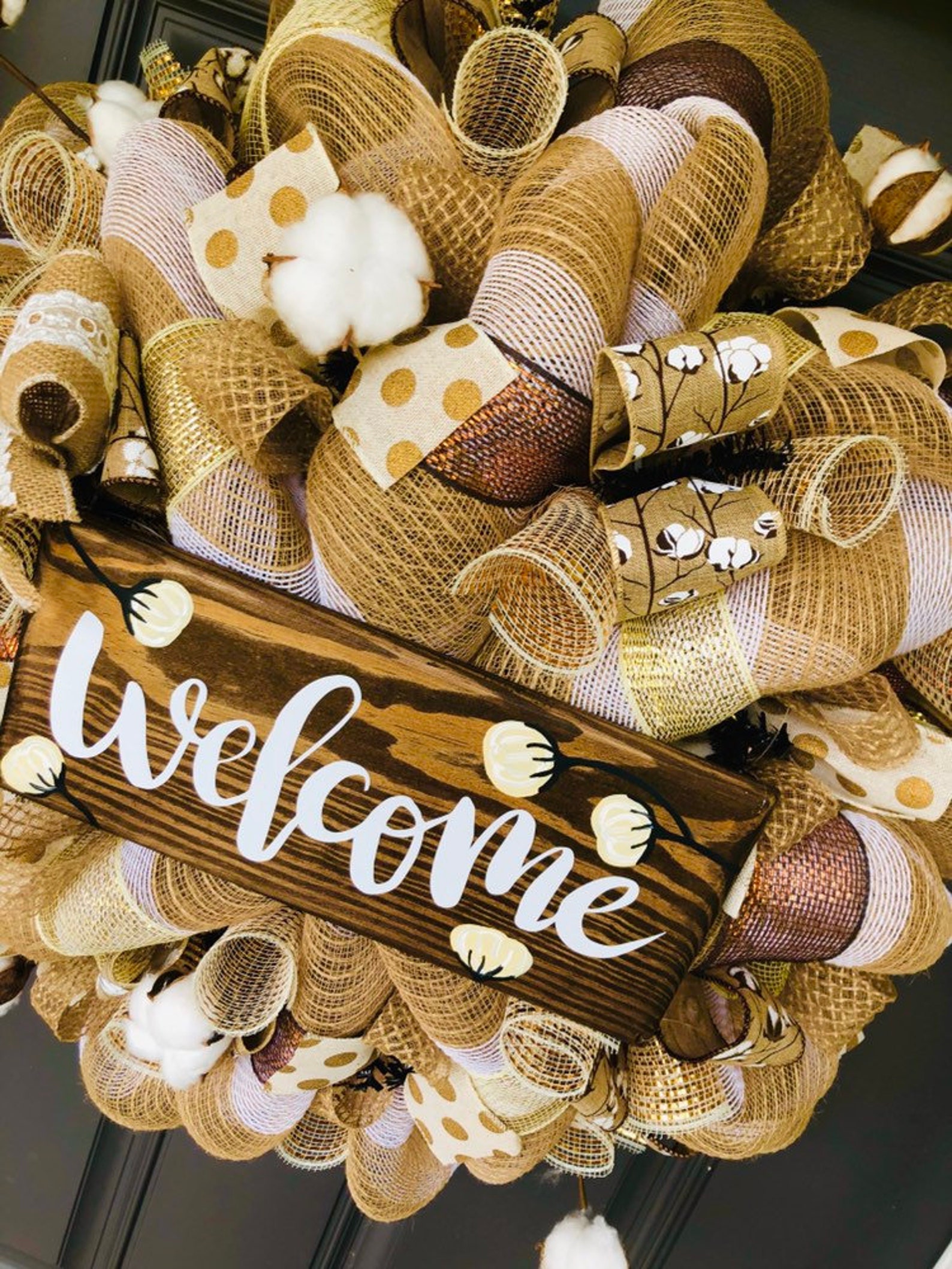 Cotten Ball Welcome Wreath, Summer Wreath, Fall Wreath, Natural Burlap ...