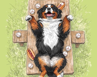 Puede incluir: Ilustración de un perro de montaña bernés relajándose en un banco de madera, rodeado de pelotas de béisbol y perritos calientes. El perro es negro, marrón y blanco, con una expresión feliz. El fondo es hierba verde.