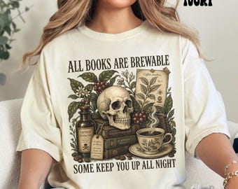 Dark Academia Book Lover Shirt, Skull Coffee Comfort Colors Tee, Gothic Reader Gift