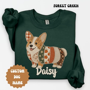 Gepersonaliseerd Corgi-sweatshirt, trui met ronde hals en aangepaste hondennaam voor de herfst, patchwork cadeau voor Corgi-moeder, trui voor hondenliefhebbers in de herfst
