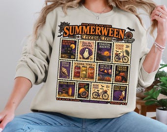 Moletom Summerween, Blusa de Moletom Gola Redonda para Praia no Halloween, Blusa de Verão Assustadora, Presente para Amantes de Terror, Suéter Fantasma Vintage