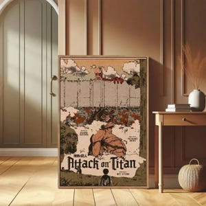 May include: A framed poster featuring artwork from the anime series "Attack on Titan." The poster has a vintage aesthetic with a color palette of browns, tans, and greens. The title "Attack on Titan" is prominently displayed, along with Japanese text and character illustrations.