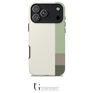 Puede incluir: Una funda rectangular para smartphone con un diseño de bloques de color, que presenta un panel grande de color crema a la izquierda y franjas verticales en verde salvia, topo y verde oliva oscuro a la derecha. La funda incluye un recorte negro para la cámara.