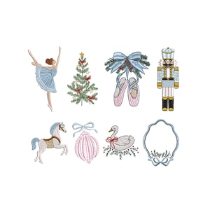 May include: Embroidered designs of a ballerina, Christmas tree, ballet shoes, nutcracker, horse, ornament, swan, and a decorative frame. The designs feature light blue, pink, white, gold, and red accents.