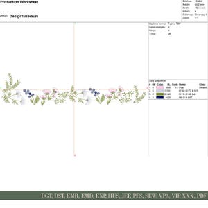 May include: An embroidery design featuring a floral border with pink, white, and blue flowers, along with green leaves. The design is 192.0 mm wide and 44.2 mm high. The production worksheet includes the design name, color information, and stitch count.