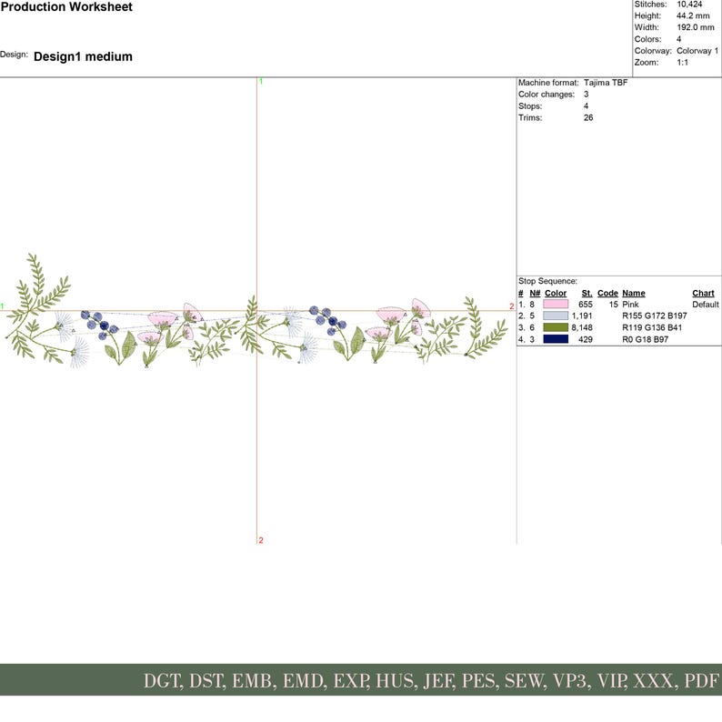 May include: An embroidery design featuring a floral border with pink, white, and blue flowers, along with green leaves. The design is 192.0 mm wide and 44.2 mm high. The production worksheet includes the design name, color information, and stitch count.