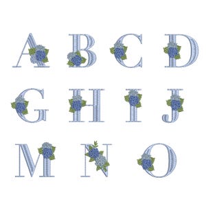 May include: Embroidered light blue letters A, B, C, D, G, H, I, J, M, N, and O, each adorned with a blue and green floral design. The letters are in a serif font, perfect for personalized crafts or decor.