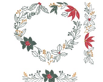 May include: Embroidered Christmas wreath and floral border designs. The wreath is a circular design with green leaves, red poinsettias, and gold accents. The border designs include similar floral elements. Perfect for holiday crafts and decorations.